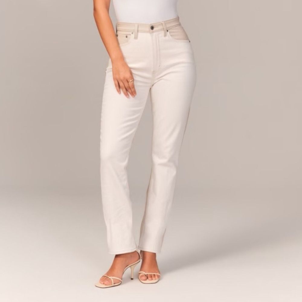NWT Abercrombie Slim Straight Ultra High Rise Denim and Vegan Leather Cream 22 S